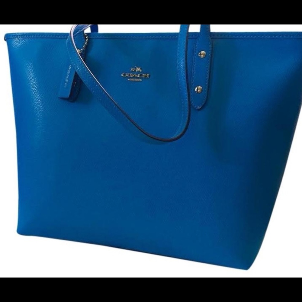 COACH CITY NEW ZIP IN CROSSGRAIN AZURE SILVER BLUE LEATHER TOTE BAG